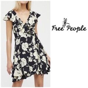 Free People French Quarter Floral Short Sleeve Wrap Black and Cream Dress Medium